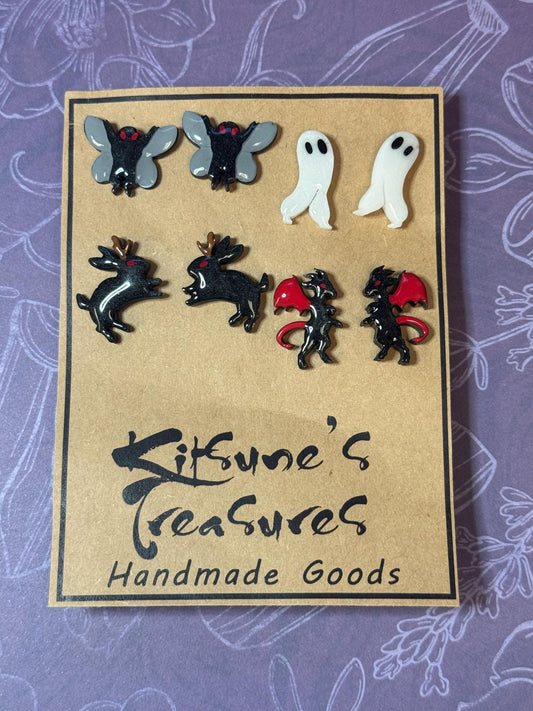 Made to Order Cryptid Stud Earrings Set of 4 Resin Cosplay Anime Spooky